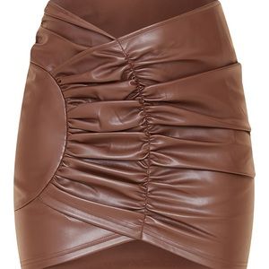 Chocolate Faux Leather Ruched Dip Front Mini Skirt